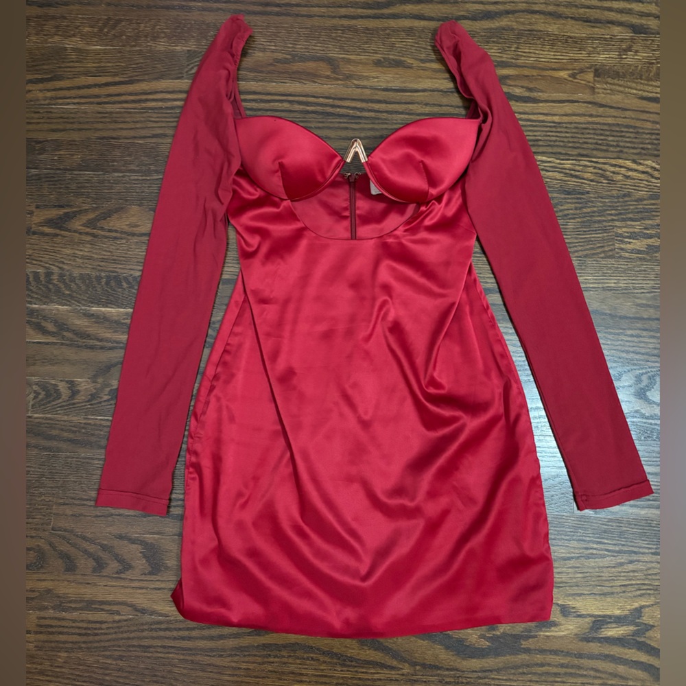 Red Satin Long Sleeve Mini Dress